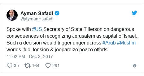 Twitter post by @AymanHsafadi: Spoke with #US Secretary of State Tillerson on dangerous consequences of recognizing Jerusalem as capital of Israel. Such a decision would trigger anger across #Arab #Muslim worlds, fuel tension & jeopardize peace efforts.