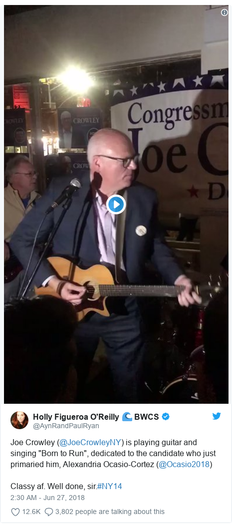 Twitter post by @AynRandPaulRyan: Joe Crowley (@JoeCrowleyNY) is playing guitar and singing "Born to Run", dedicated to the candidate who just primaried him, Alexandria Ocasio-Cortez (@Ocasio2018)Classy af. Well done, sir.#NY14
