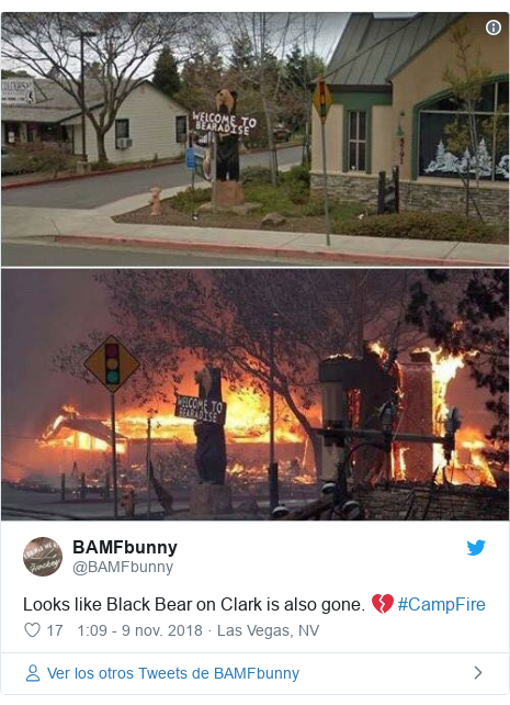 Publicación de Twitter por @BAMFbunny: Looks like Black Bear on Clark is also gone. ? #CampFire 