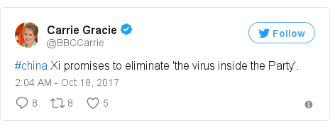 Twitter post by @BBCCarrie: #china Xi promises to eliminate 'the virus inside the Party'.