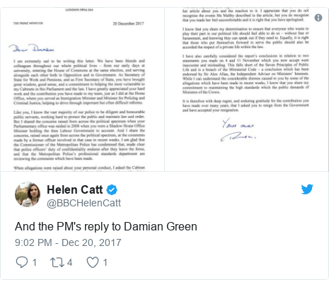 Twitter post by @BBCHelenCatt: And the PM's reply to Damian Green 
