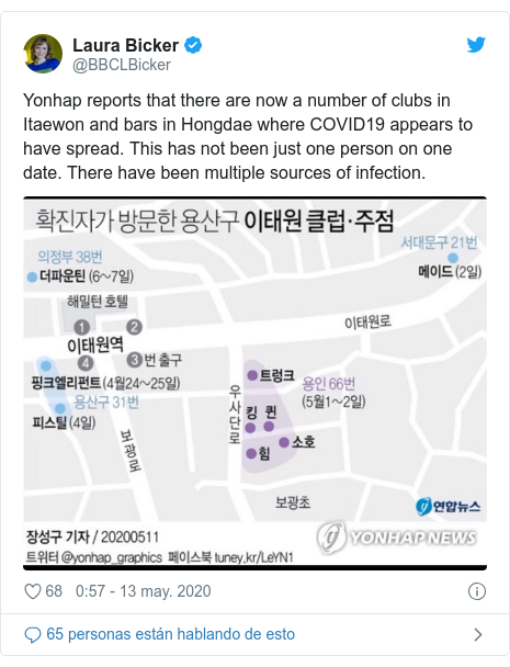 Publicación de Twitter por @BBCLBicker: Yonhap reports that there are now a number of clubs in Itaewon and bars in Hongdae where COVID19 appears to have spread. This has not been just one person on one date. There have been multiple sources of infection. 