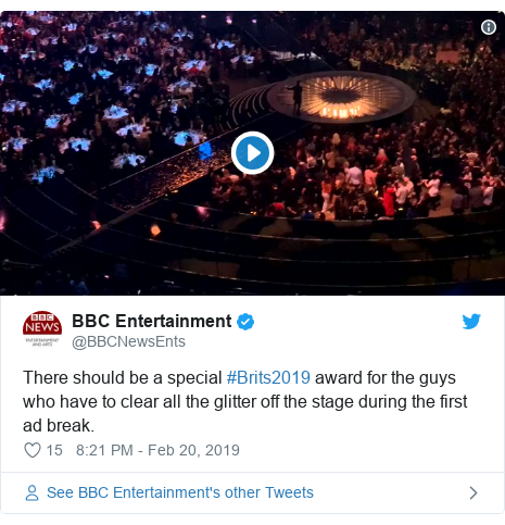 Twitter post by @BBCNewsEnts: There should be a special #Brits2019 award for the guys who have to clear all the glitter off the stage during the first ad break. 