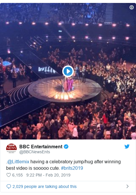 Twitter post by @BBCNewsEnts: .@Littlemix having a celebratory jump/hug after winning best video is sooooo cute. #brits2019 