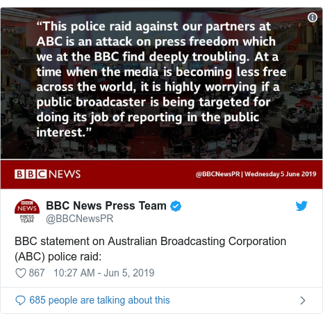 Twitter post by @BBCNewsPR: BBC statement on Australian Broadcasting Corporation (ABC) police raid  