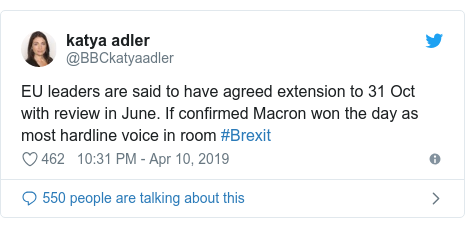Twitter post by @BBCkatyaadler: EU leaders are said to have agreed extension to 31 Oct with review in June. If confirmed Macron won the day as most hardline voice in room #Brexit