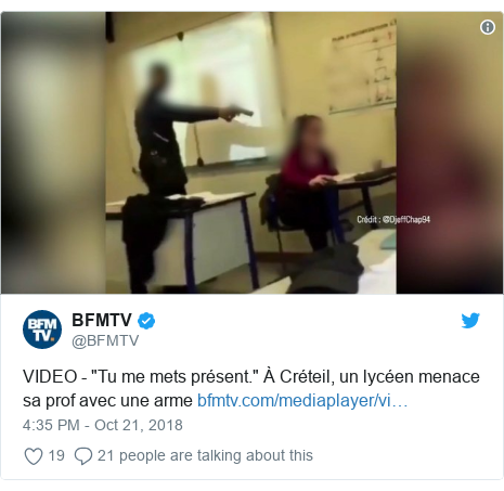 Ujumbe wa Twitter wa @BFMTV: VIDEO - "Tu me mets présent." À Créteil, un lycéen menace sa prof avec une arme  