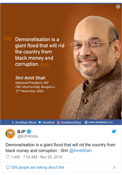 Twitter post by @BJP4India: Demonetisation is a giant flood that will rid the country from black money and corruption   Shri @AmitShah 