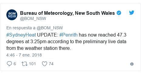 Publicación de Twitter por @BOM_NSW: #SydneyHeat UPDATE  #Penrith has now reached 47.3 degrees at 3 25pm according to the preliminary live data from the weather station there.