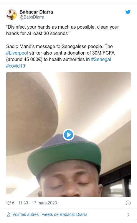 Twitter publication par @BabsDiarra: “Disinfect your hands as much as possible, clean your hands for at least 30 seconds”Sadio Mané’s message to Senegalese people. The #Liverpool striker also sent a donation of 30M FCFA (around 45 000€) to health authorities in #Senegal #covid19 