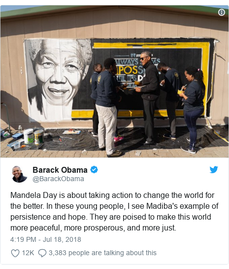 Ujumbe wa Twitter wa @BarackObama: Mandela Day is about taking action to change the world for the better. In these young people, I see Madiba's example of persistence and hope. They are poised to make this world more peaceful, more prosperous, and more just. 