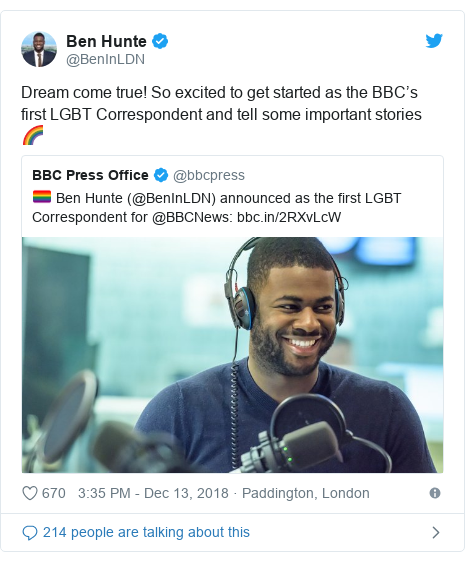 Twitter post by @BenInLDN: Dream come true! So excited to get started as the BBC’s first LGBT Correspondent and tell some important stories ? 