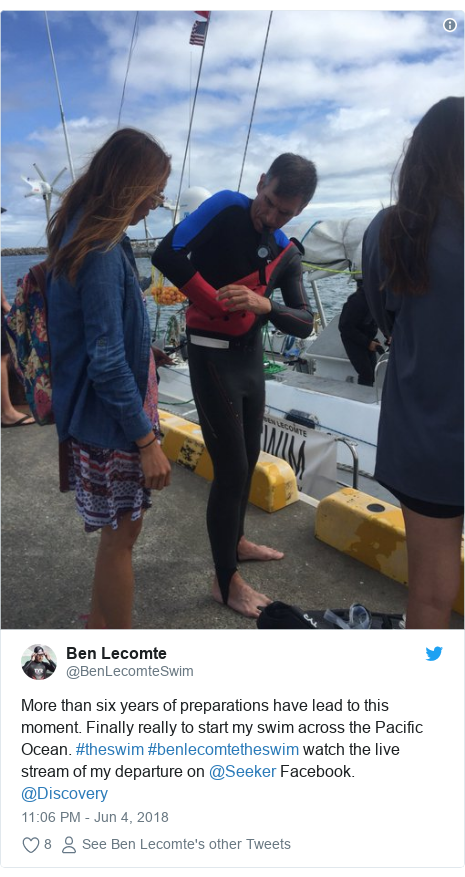 Twitter post by @BenLecomteSwim: More than six years of preparations have lead to this moment. Finally really to start my swim across the Pacific Ocean. #theswim #benlecomtetheswim watch the live stream of my departure on @Seeker Facebook. @Discovery 
