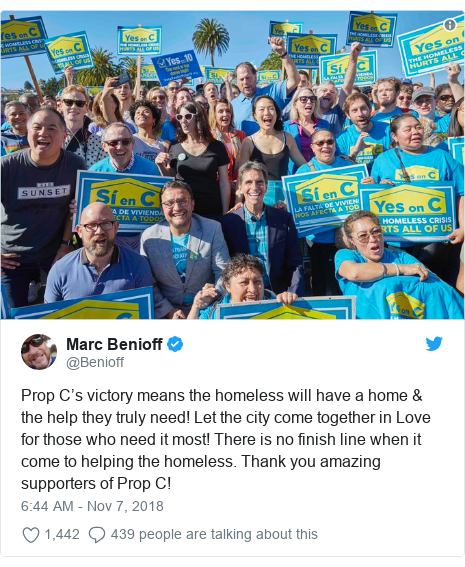 Twitter post by @Benioff: Prop C’s victory means the homeless will have a home & the help they truly need! Let the city come together in Love for those who need it most! There is no finish line when it come to helping the homeless. Thank you amazing supporters of Prop C! 