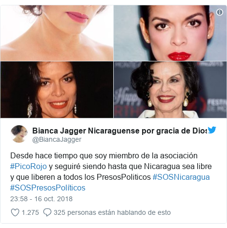 Publicación de Twitter por @BiancaJagger: Desde hace tiempo que soy miembro de la asociación  #PicoRojo y seguiré siendo hasta que Nicaragua sea libre y que liberen a todos los PresosPoliticos #SOSNicaragua #SOSPresosPolíticos 