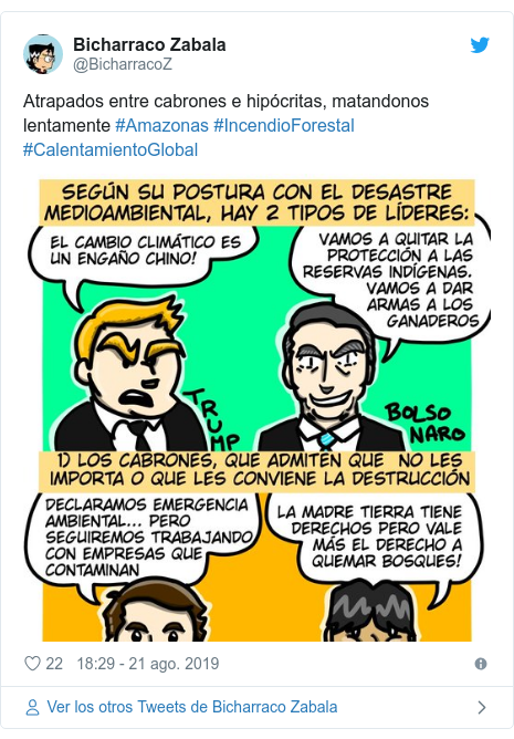 Publicación de Twitter por @BicharracoZ: Atrapados entre cabrones e hipócritas, matandonos lentamente #Amazonas #IncendioForestal #CalentamientoGlobal 