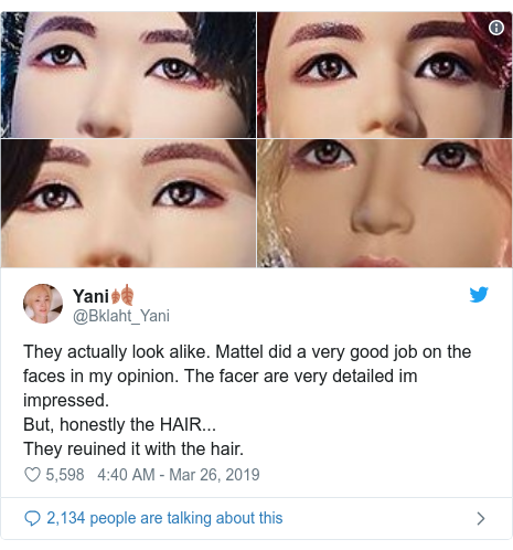 Twitter post by @Bklaht_Yani: They actually look alike. Mattel did a very good job on the faces in my opinion. The facer are very detailed im impressed.But, honestly the HAIR... They reuined it with the hair. 