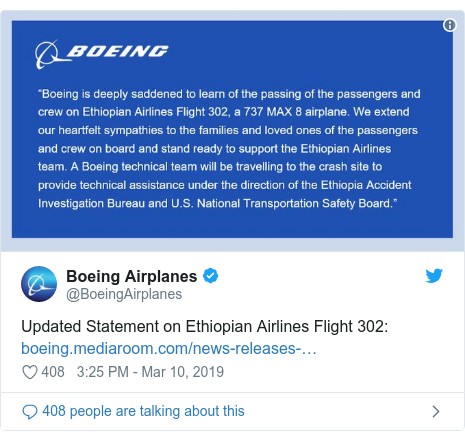 Ujumbe wa Twitter wa @BoeingAirplanes: Updated Statement on Ethiopian Airlines Flight 302   