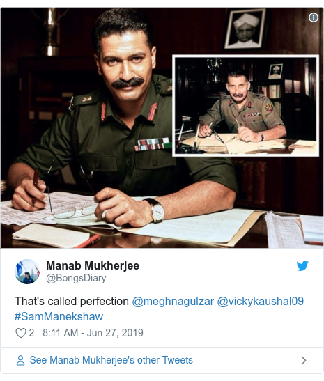 Twitter post by @BongsDiary: That's called perfection @meghnagulzar @vickykaushal09 #SamManekshaw 