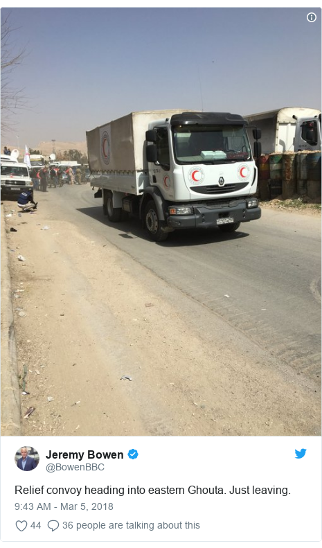 Twitter post by @BowenBBC: Relief convoy heading into eastern Ghouta. Just leaving. 