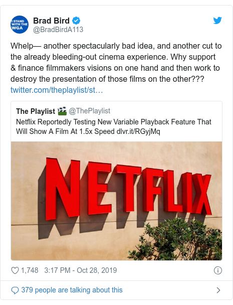 Twitter post by @BradBirdA113: Whelp— another spectacularly bad idea, and another cut to the already bleeding-out cinema experience. Why support & finance filmmakers visions on one hand and then work to destroy the presentation of those films on the other???