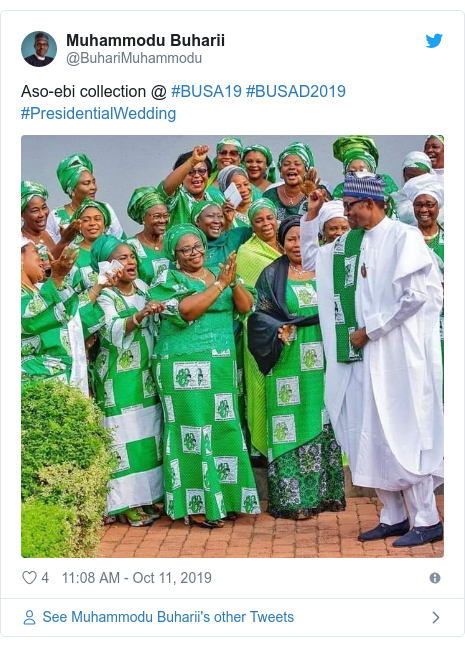 Twitter post by @BuhariMuhammodu: Aso-ebi collection @ #BUSA19 #BUSAD2019 #PresidentialWedding