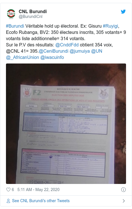 Twitter ubutumwa bwa @BurundiCnl: #Burundi Véritable hold up électoral. Ex  Gisuru #Ruyigi, Ecofo Rubanga, BV2  350 électeurs inscrits, 305 votants+ 9 votants liste additionnelle= 314 votants.Sur le P.V des résultats  @CnddFdd obtient 354 voix, @CNL 41= 395.@CeniBurundi @jumuiya @UN @_AfricanUnion @iwacuinfo 