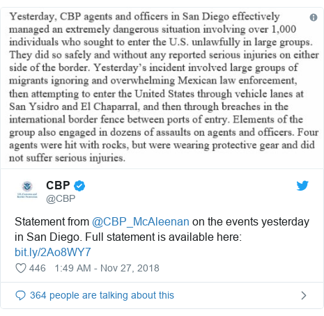 Twitter post by @CBP: Statement from @CBP_McAleenan on the events yesterday in San Diego. Full statement is available here   