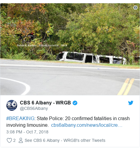 Twitter post by @CBS6Albany: #BREAKING  State Police  20 confirmed fatalities in crash involving limousine.   