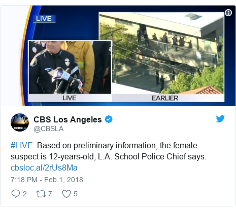 Twitter post by @CBSLA: #LIVE Based on preliminary information, the female suspect is 12-years-old, L.A. School Police Chief says. 