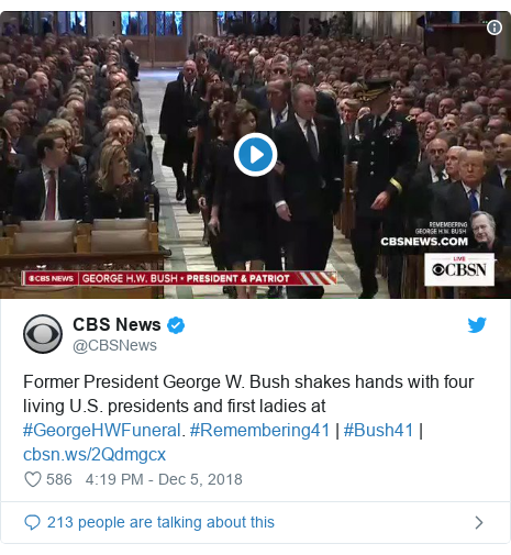 Twitter post by @CBSNews: Former President George W. Bush shakes hands with four living U.S. presidents and first ladies at #GeorgeHWFuneral. #Remembering41 | #Bush41 |  