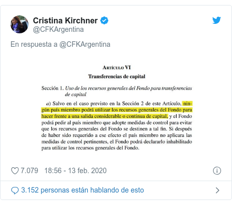 Publicación de Twitter por @CFKArgentina: 