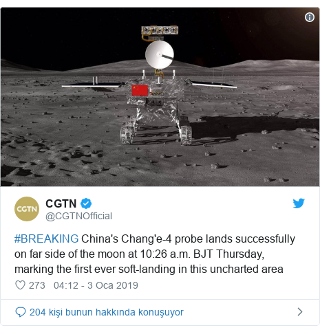 @CGTNOfficial tarafından yapılan Twitter paylaşımı: #BREAKING China's Chang'e-4 probe lands successfully on far side of the moon at 10 26 a.m. BJT Thursday, marking the first ever soft-landing in this uncharted area 