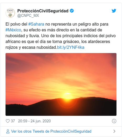 Publicación de Twitter por @CNPC_MX: El polvo del #Sahara no representa un peligro alto para #México, su efecto es más directo en la cantidad de nubosidad y lluvia. Uno de los principales indicios del polvo africano es que el día se torna grisáceo, los atardeceres rojizos y escasa nubosidad. 