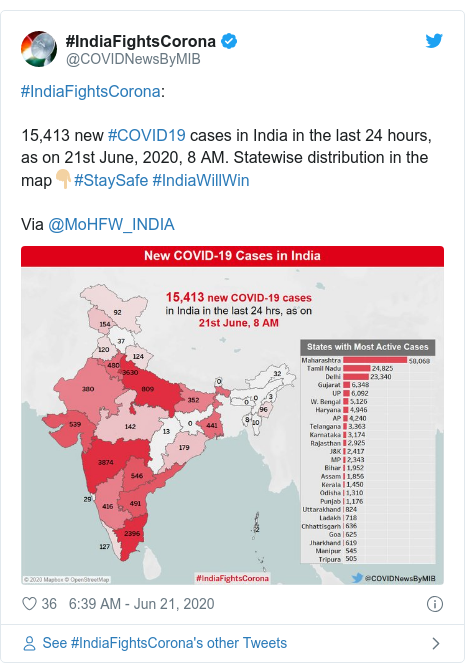 Twitter post by @COVIDNewsByMIB: #IndiaFightsCorona 15,413 new #COVID19 cases in India in the last 24 hours, as on 21st June, 2020, 8 AM. Statewise distribution in the map👇🏼#StaySafe #IndiaWillWinVia @MoHFW_INDIA 