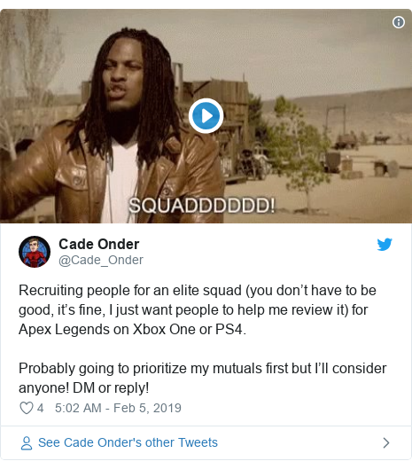 twitter post by cade onder recruiting people for an elite squad you don - fortnite roasts apex