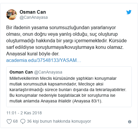 @CanAnayasa tarafından yapılan Twitter paylaşımı: Bir ifadenin yasama sorumsuzluğundan yararlanıyor olması, onun doğru veya yanlış olduğu, suç oluşturup oluşturmadığı hakkında bir yargı içermemektedir. Kürsüde sarf edildiyse soruşturmaya/kovuşturmaya konu olamaz. Anayasal kural böyle der.  