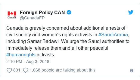 Twitter waxaa daabacay @CanadaFP: Canada is gravely concerned about additional arrests of civil society and women’s rights activists in #SaudiArabia, including Samar Badawi. We urge the Saudi authorities to immediately release them and all other peaceful #humanrights activists.