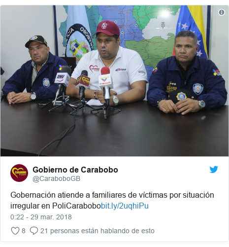 Publicación de Twitter por @CaraboboGB: Gobernación atiende a familiares de víctimas por situación irregular en PoliCarabobo 