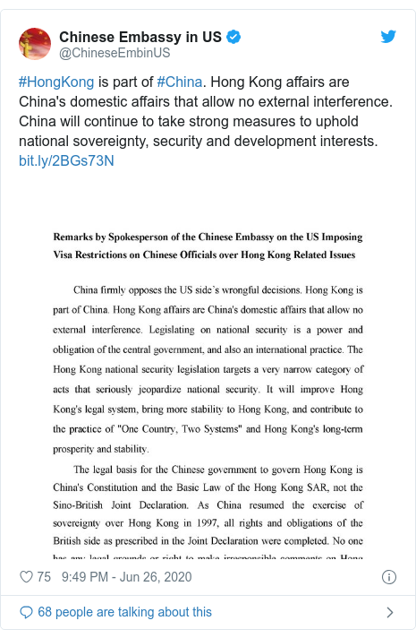 Twitter post by @ChineseEmbinUS: #HongKong is part of #China. Hong Kong affairs are China's domestic affairs that allow no external interference. China will continue to take strong measures to uphold national sovereignty, security and development interests.  