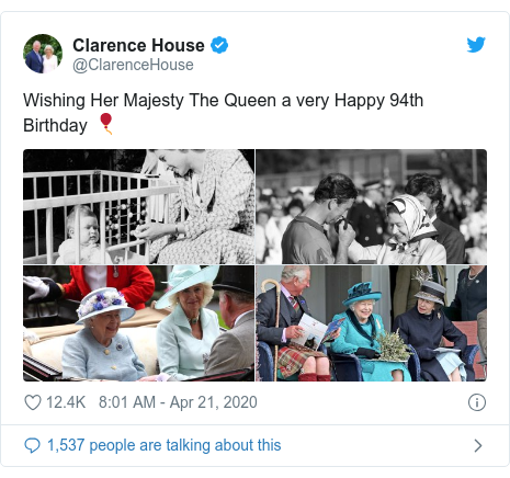 Twitter post by @ClarenceHouse: Wishing Her Majesty The Queen a very Happy 94th Birthday 🎈 