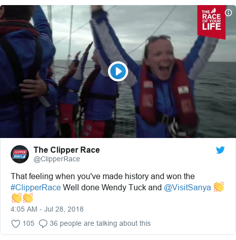 Twitter post by @ClipperRace: That feeling when you've made history and won the #ClipperRace Well done Wendy Tuck and @VisitSanya 👏👏👏 