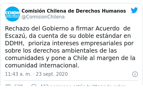 Publicación de Twitter por @ComisionChilena: Rechazo del Gobierno a firmar Acuerdo de Escazú, da cuenta de su doble estándar en DDHH, prioriza intereses empresariales por sobre los derechos ambientales de las comunidades y pone a Chile al margen de la comunidad internacional.