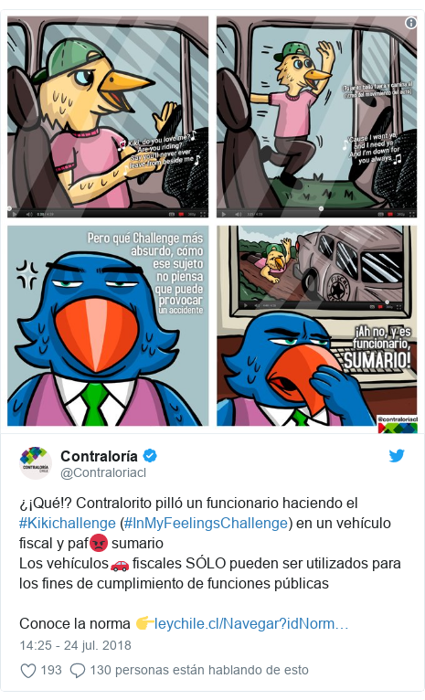 Publicación de Twitter por @Contraloriacl: ¿¡Qué!? Contralorito pilló un funcionario haciendo el #Kikichallenge (#InMyFeelingsChallenge) en un vehículo fiscal y paf? sumario Los vehículos? fiscales SÓLO pueden ser utilizados para los fines de cumplimiento de funciones públicasConoce la norma ? 