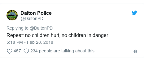 Twitter post by @DaltonPD: Repeat  no children hurt, no children in danger.