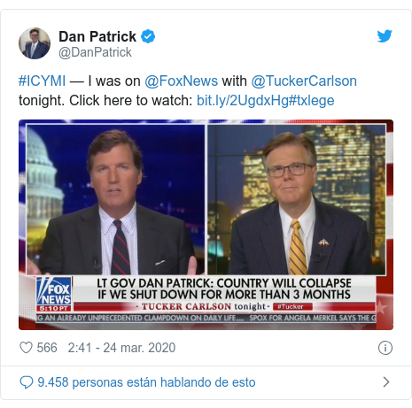 Publicación de Twitter por @DanPatrick: #ICYMI — I was on @FoxNews with @TuckerCarlson tonight. Click here to watch  #txlege 