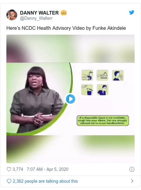 Twitter post by @Danny_Walterr: Here’s NCDC Health Advisory Video by Funke Akindele 