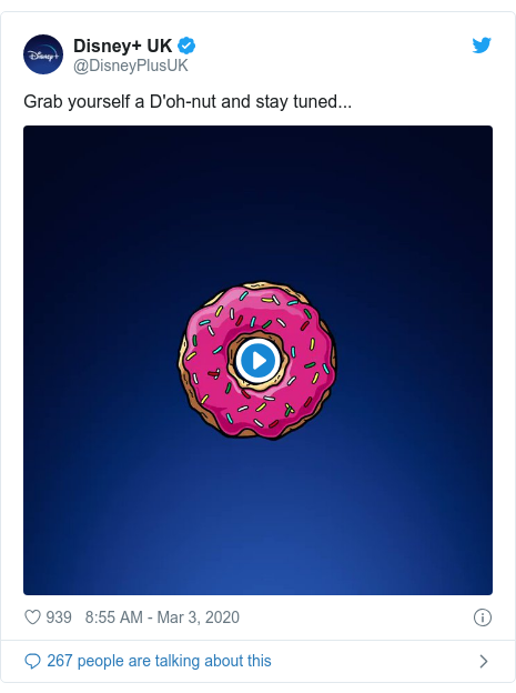 Twitter post by @DisneyPlusUK: Grab yourself a D'oh-nut and stay tuned... 