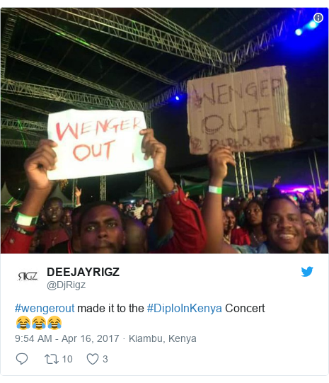 Twitter post by @DjRigz: #wengerout made it to the #DiploInKenya Concert??? 