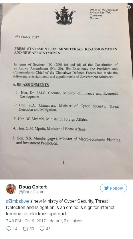 Twitter post by @DougColtart: #Zimbabwe's new Ministry of Cyber Security, Threat Detection and Mitigation is an ominous sign for internet freedom as elections approach. 